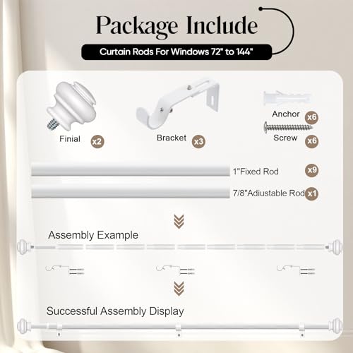 SIMEWIN Heavy Duty Window Curtain Rods - 72 to 144 Inches, Adjustable with Classic Finials, White Finish for Bedroom, Living Room, Patio, Kitchen - color: White, size: 28"-144"