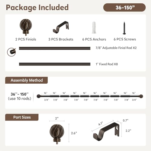 Brown Curtain Rods for Windows 72 to 144 Inch 7/8" Diameter Long - color: Brown, size: 36"-150"|1 Pack