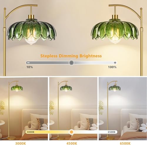 QIYIZM Gold Floor Lamp for Living Room,Bedroom,Mid Century Modern Standing Lamp with Remote,Dimmable Brass Tall Lamp Green Glass Lamp Vintage Retro Arc Floor Lamps Flower Floor Light Boho Bohemian - size: Floor Lamp--3