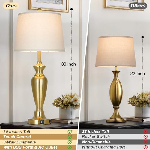 30" Tall Gold Table Lamps Set of 2 for Living Room, Touch Control Bedside Lamps for Nightstand, 3-Way Dimmable Bedroom Table Lamp with USB A+C Ports and AC Outlet (2 LED Bulbs Included) - color: Gold - 30"H