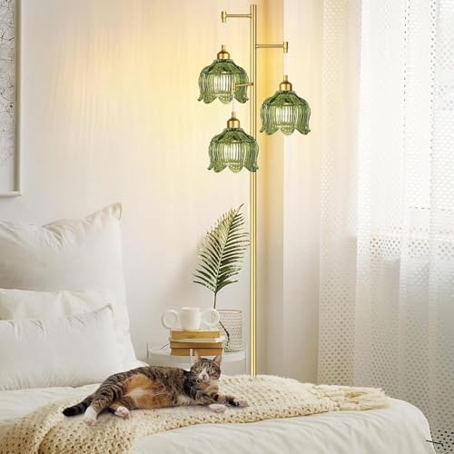 QIYIZM Gold Floor Lamp for Living Room,Bedroom,Mid Century Modern Standing Lamp Brass Tree 3 Light Tall Floor Lamps Vintage Retro Floor Lights Glass Green Flower Lamp Shade Farmhouse Boho Bohemian - size: 18-Floor Lamp
