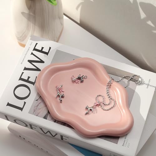 Jewelry Dish Trinket Tray for Women, Ring Dish Holder, Unique Cloud Shape Ceramic Plate Cute Things Vanity Aesthetic Room Decor Mother's Day Birthday (Pink) - color: Pink
