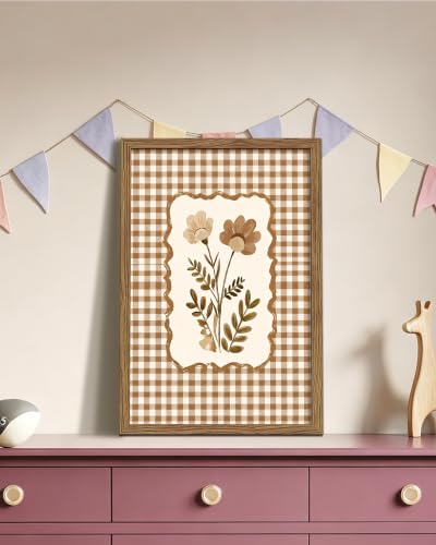 Vintage Floral Wall Art Canvas Framed Poster Painting Print Picture, Rustic Gingham Botanical Art Decor, Cottagecore Flower Illustration Farmhouse Neutral Wall Decor for Living Room Bedroom Kitchen Home 16x24 Inch - color: A-Flower, size: 24"L x 16"W