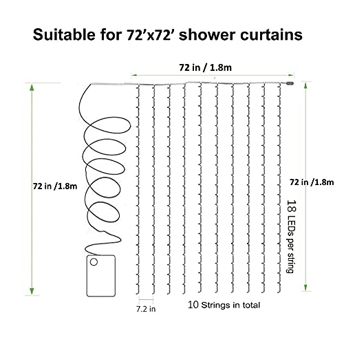 Solhice Curtain Shower Light, 72 x 72 Inches Battery Operated Waterproof Curtains Fairy Lights with 10 Hooks for Inside Shower, 180 LEDs Lighting Indoor Outdoor Decor (NO Curtain)
