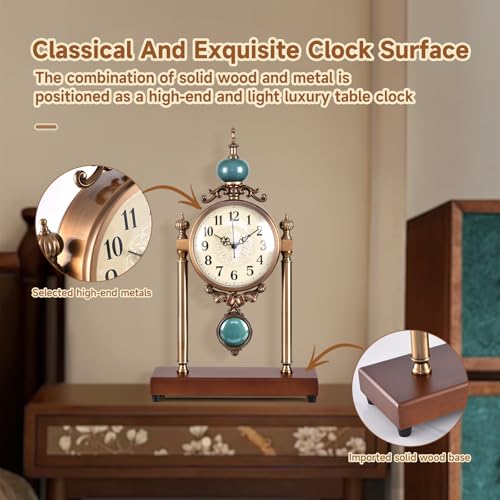 Vintage Table Clock with Turquoise Accents, Silent Non-Ticking, Wood Base and Metal Frame, Decorative Antique Design