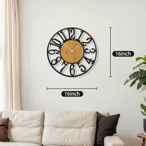 Maxstar Round Wall Clock for Living Room Decor Battery Operated Non Ticking Black Metal Wood Clocks for Home Living Room Garden Office Kitchen Decoration -16 inch - color: Wood-arabic Numerals, size: 16 Inch
