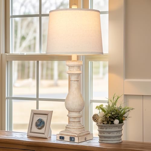 Cinkeda 29" Tall Farmhouse Lamp,Vintage Bedside Nightstand Lamps with USB Charging Ports A/C,3-Way Dimmable Touch Control Retro Lamp for Bedroom Living Room,Single Beige - color: 1Pack Beige