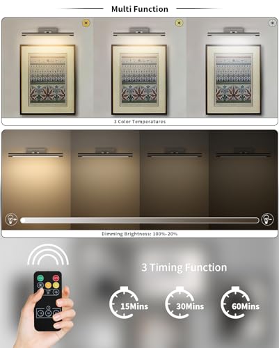 Joosenhouse Battery Operated Picture Light Rechargeable Gallery Light with Remote Control Dimmable and Timer Off Adjustable Swing Arm Brushed Grey 16.53in Wireless Wall Lights for Picture Display
