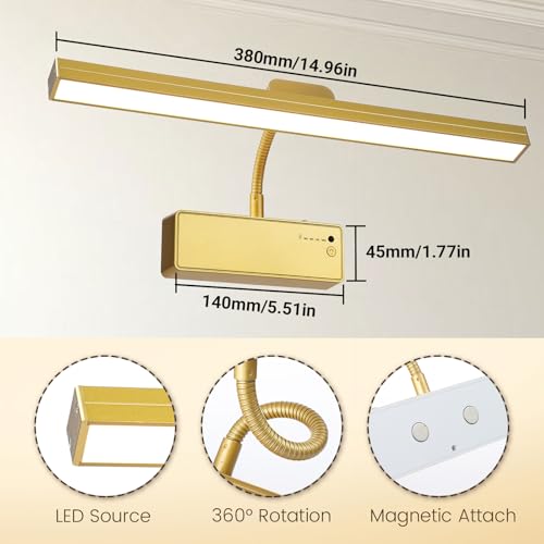 Picture Light for Wall, 15" Rechargeable Battery Operated LED Wall Sconce - color: Gold, size: 2 Count (Pack of 1)