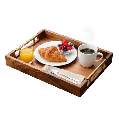 Wooden Serving Tray with Gold Metal Handles, 11.8" x 7.87" Rectangular