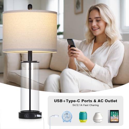Ruzectt 26" Glass Table Lamp Single, 3-Way Dimmable Touch Control Living Room Lamp with USB C+A Ports & AC Outlet, Modern Bedside Lamps, Bedroom Lamps for Nightstand Side End Table Desk, Black-1PK - color: Black-1PK