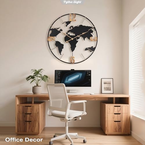 Pytha Sight 36 Inch Large Extra Metal Oversized Arabic World Map Wall Clock - color: Gold Arabic, size: 36 inch