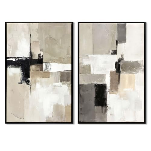 SAFERRYHOME Neutral Abstract Beige,Gray and Black Wall Art Set of 2,16"x24" - color: Neutral, size: 16" x 24" x 2 Panel Framed