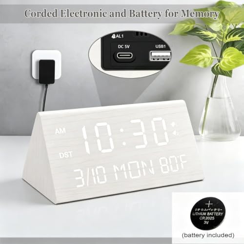 Premium Wooden Digital Alarm Clock with USB Charging Ports, Dimmable LED Display, Date, Day of Week, Temperature, DST, Clocks for Bedrooms, Desk, Nightstand, Bedside, Table, Office, Living Room Decor - color: Triangle - White