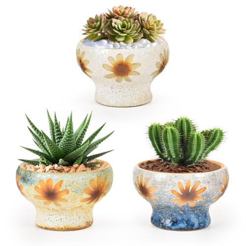Sungmor Small Succulent Planters Set of 3, Beautiful Hand Crafted Ceramic Plant Pots Cute Cactus Pot, 4.9 Inch Flower Pots for Indoor Plants with Drainage, Desktop Windowsill Home Office Decor Pots - color: Style-a (Dia.: 4.9inch & H: 3.5inch)