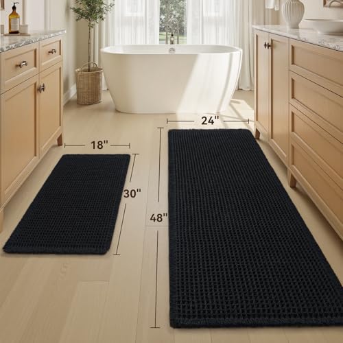 Upgraded Waffle Bath Mat Set of 2 Absorbent Bathroom Mat 18"x30" + 24"x48" - color: Black, size: 18" x 30" + 24" x 48"