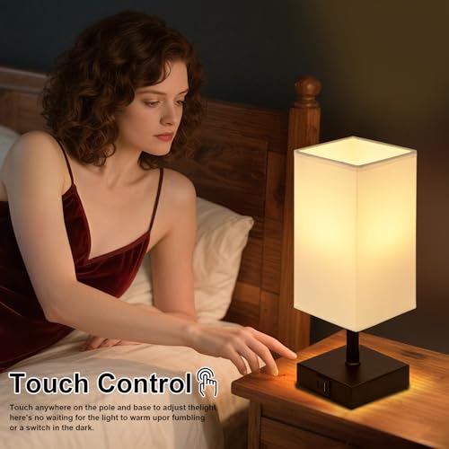 Touch Table Lamp for Bedroom - Dimmable, USB C+A, White Lamphade Black Base - color: White & Black