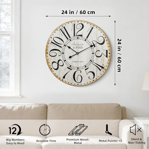 Farmhouse 24 Inch Wall Clocks, Large Vintage French Wooden Wall Clocks, Silent Non-Ticking Battery Operated Wall Clocks for Living Room,Kitchen,Bedroom (Brown) - color: Brown -Round