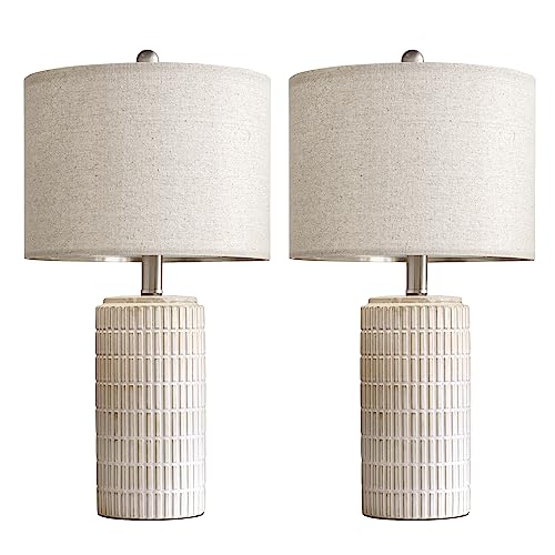 PoKat 23" Modern Ceramic Table Lamp Set of 2 for Living Room Bedroom, White - color: Beige and White