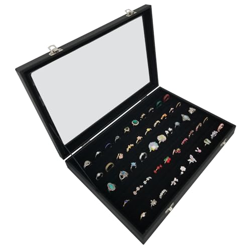 Women Ring Storage Box with 100 Slots & Clear Glass Lid - color: Black-100 rings
