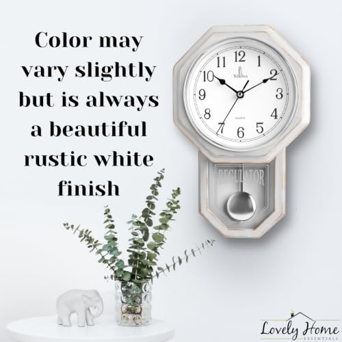Pendulum Wall Clock, Real Wood Regulator Clock, White, Quiet Non-Chiming - color: Rustic White With Arabic Numerals