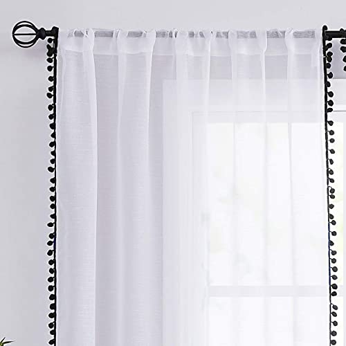White Sheer Curtains with Black Pom-Pom for Living Room 52x63 Kids Room 2pk - color: White - Black, size: 52"W x 63"L (Pack of 2)