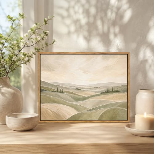 Framed Modern Neutral Green Abstract Landscape Canvas Wall Art, 16x12 In - color: ROLLING HILLS, size: 16"L x 12"W