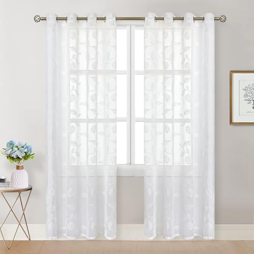 BGment White Sheer Curtains 90 Inches Long Living Room 2 Panels - color: White-leaf, size: 52"W x 90"L (Pack of 2)