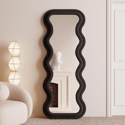 BOJOY Full Length Mirror, 63" x 24" Wall Mirror, Flannel Wrapped Wooden Frame Floor Mirror, Irregular Wavy Mirror Hanging or Leaning Against Wall for Cloakroom/Bedroom/Living Room, Black - color: Dark Black