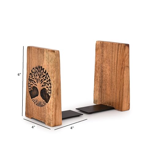 NIRMAN Office Bookends Iron & Acacia Wood Tree of Life Office Bookends for Shelves or Bookcase Heavy Bookends, Home Décor Gift (4"" X 4"" X 6""), (Set of 2), Brown