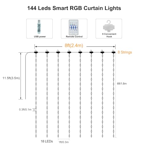 Smart Curtain Lights RGB 5050 Built in Chip with APP Remote Control - size: 8Ft x 6Ft