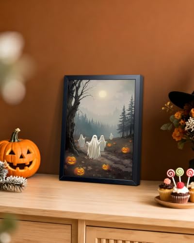 REZFGU Vintage Halloween Ghost Canvas Wall Art, Spooky Forest Pumpkin Ghosts Framed Poster Painting Print Picture, Cute Horror Halloween Wall Decor for Living Room Bedroom Home Decor 8x10 Inch - color: A-Ghost, size: 10"L x 8"W