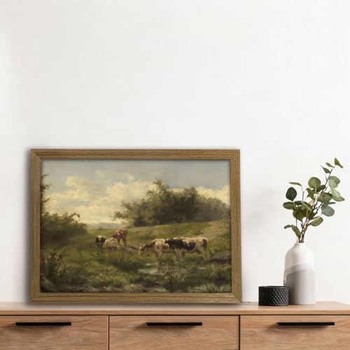 Framed Canvas Wall Art Vintage Cow Landscape Painting Poster Rustic Farmhouse Picture Print Gallery Wrapped Artwork Pastoral Animal Wall Decor 8x10 Inch - color: Retro Cow
