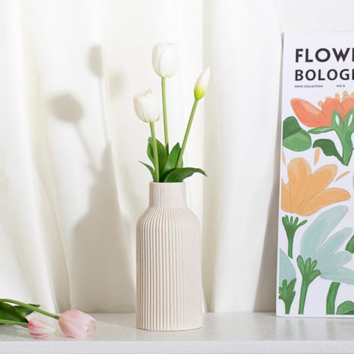 Bohemian Beige Ceramic Vase - for Pampas Grass, Mantel, Bookshelf, Entryway and Living Room Decor (Beige, 8in) - color: Beige, size: 8in-Round