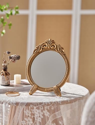 HSDDHOME Small Round Gold Vintage Vanity Mirror – 9.5" x 12.5" Small Baroque Desktop Mirror, Antique Freestanding Dressing Table Mirror for Bedroom, Living Room, and Countertop Décor