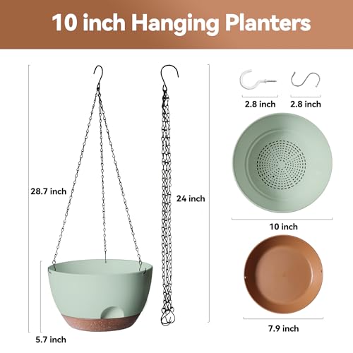 Hanging Planter for Indoor Plants, 10 Inch Self-Watering Hanging Planters with Drainage Holes and Chain, Set of 2 Outdoor Hanging Pots for Garden Home - color: Green, size: 10 inch