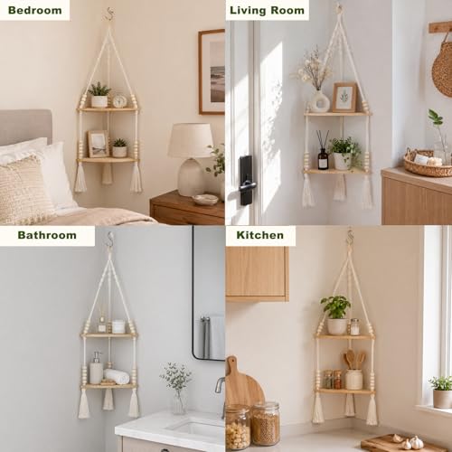 Artilady Macrame Wall Hanging Corner Shelf, Adjust Boho Storage Wall Decor - color: Beige 2-tier Beads