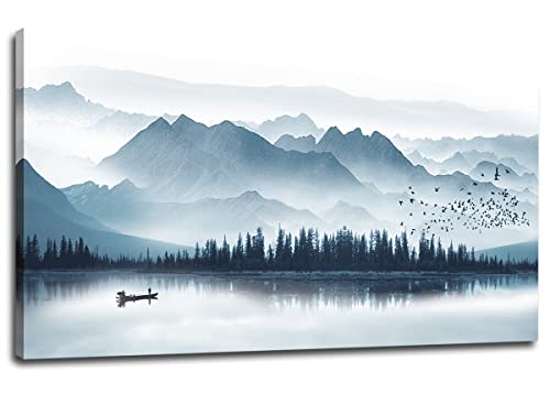 arteWOODS Indigo Mountain Canvas Wall Art Foggy Lake Boat Pictures, 29"x58" - color: Indigo Mountain Lake, size: 58"L x 29"W