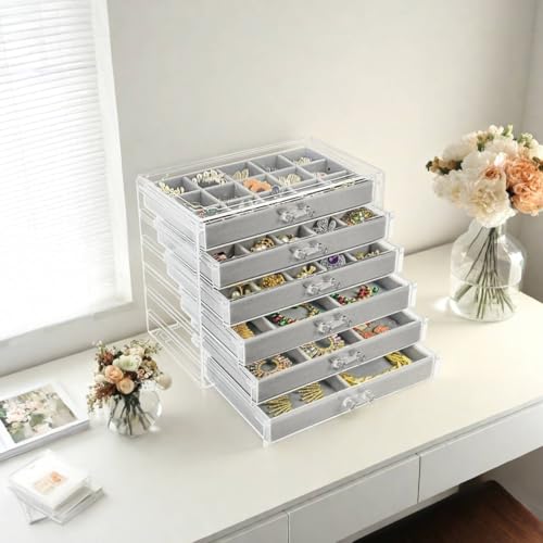 Watpot Acrylic Jewelry Box Organizer and Storage 6 Drawer for Earring Display Gray - color: Gray 6 Layers