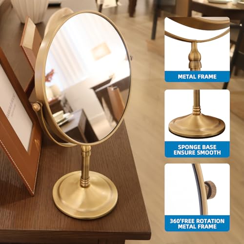 Antique Brass Makeup Mirror 1X/10X Free Standing 8 Inches 360 Swivel Dual-Sided Tabletop Makeup Mirror, Metal - color: Antique Brass Without Light