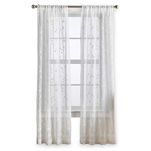 Curtainworks Botanical Leaf Sheer Curtains, 37 x 84 in, White, 2-Piece - color: White, size: 37"W x 84"L (Pack of 2)