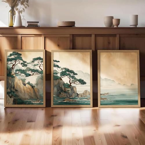 Japanese Zen Wall Art Set of 3,Minimalist Asian Wall Decor Cliff framed - color: TreeHill, size: 12x16 Inch