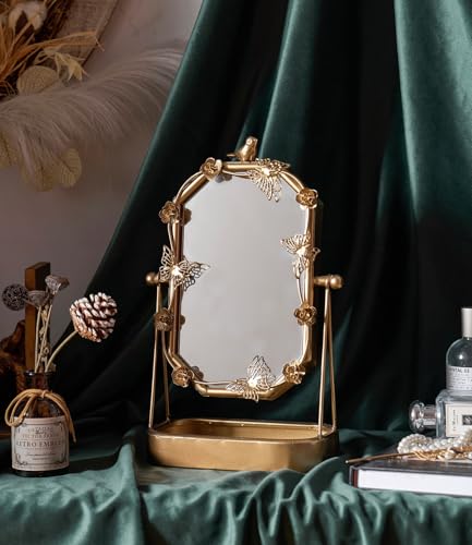 HSDDHOME Vintage Gold Tabletop Makeup Mirror, Bird & Butterfly Decorative Vanity Mirror, 12.8” x 8.2” Retro Metal Standing Mirror for Dresser, Bedroom, and Bathroom