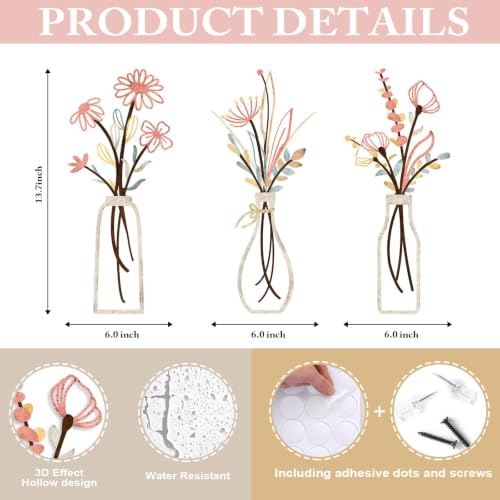 Pigort 3 Pieces Metal Flowers Wall Arts - Rustic Farmhouse Style Décor Metal Wall Art Black Minimalist Flower Natural Themed Wall Decors for Home Bedroom Dining Room Housewarming (Pink Beige) - color: Pink Beige