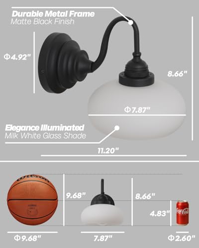 Vintage Curved Arm Sconce Wall Lighting with Milk White Glass Shade,Industrial Bathroom Vanity Wall Mounted Lamp Fixture for Living Room Bedroom Stairwells - color: Black