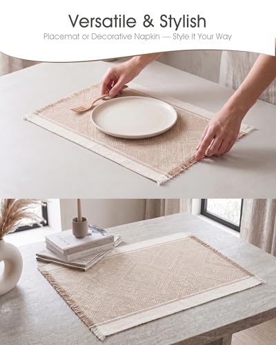 Placemats Set of 6, 13.8 x 17.7 Inch, Polyester, Jacquard Woven - color: Polyester-13.8 X 17.7inch-natural Beige
