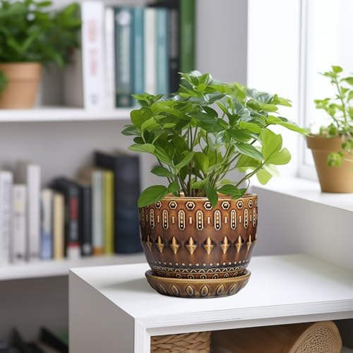 G EPGardening 5.5 Inch Plant Pot - Ceramic Planter for Indoor Outdoor Plants, Boho Round Indoor Flower Pot with Drainage Hole and Saucer, Housewarming Gifts, Garden Home Room Decor, Brown - color: Columnar Brown