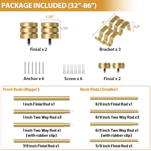TONIAL 1 Inch Double Curtain Rods for Windows 48 to 84 Inch, Gold - color: Gold, size: 32-86”