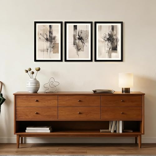 KHYEY 3 Piece Framed Abstract Floral Wall Art Set 16x24 Inch - color: black and white, size: 16x24 Inches