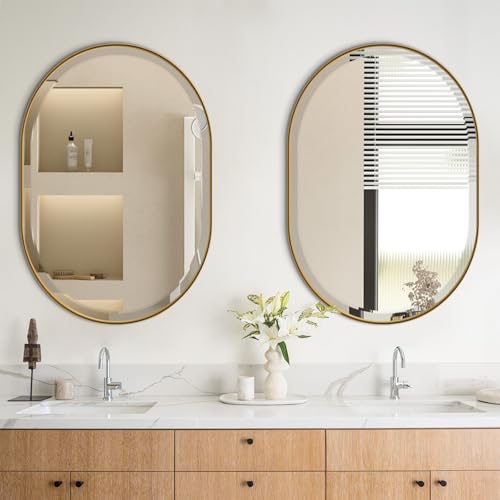 POZINO 30"x22" Brushed Gold Oval Beveled Bathroom Mirror for Over Sink - color: Gold Oval, size: 30"L x 22"W